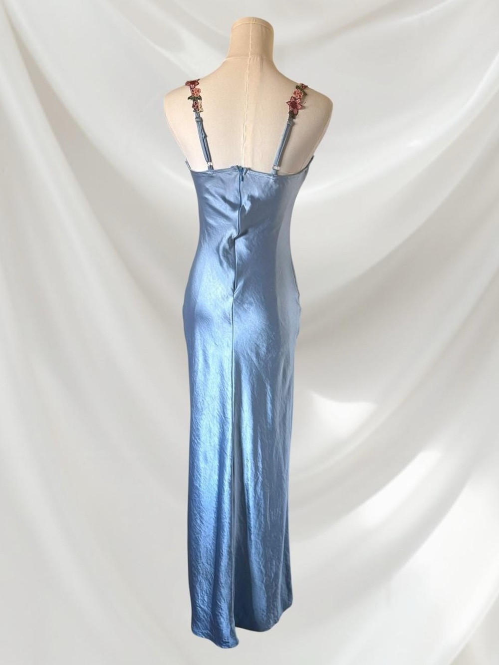 Floral Trim Satin Slip Dress in Light Blue - Picture 6 of 10
